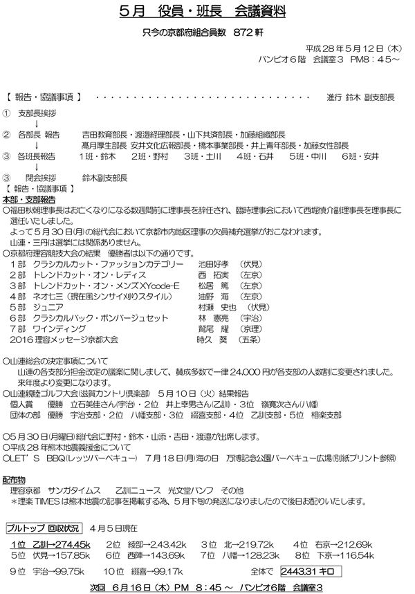 28年5月役員会議資料 京都府理容組合乙訓支部